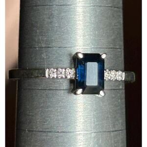 14k solid white gold emerald cut blue sapphire diamond accents ring fine jewelry
